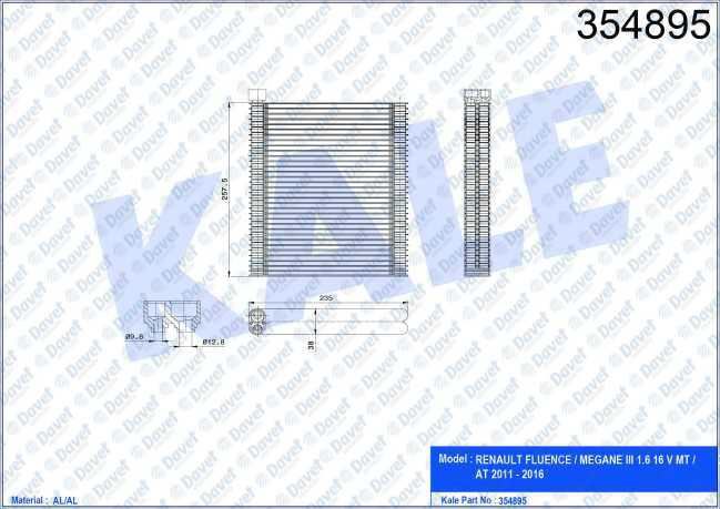KALE 354895 Evaporator Renault Fluence/Megane Iii 1.6 16v 11>16 (At/Mt) [Brazing Al/Al] [235x257.5x38]